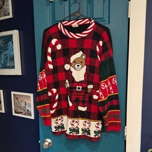 Vintage Holiday Time Striped Red and Black Teddybear Ugly Sweater - M